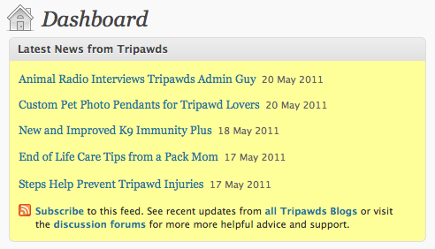 Tripawds WordPress Dashboard Feed of Most Recent Featured Posts